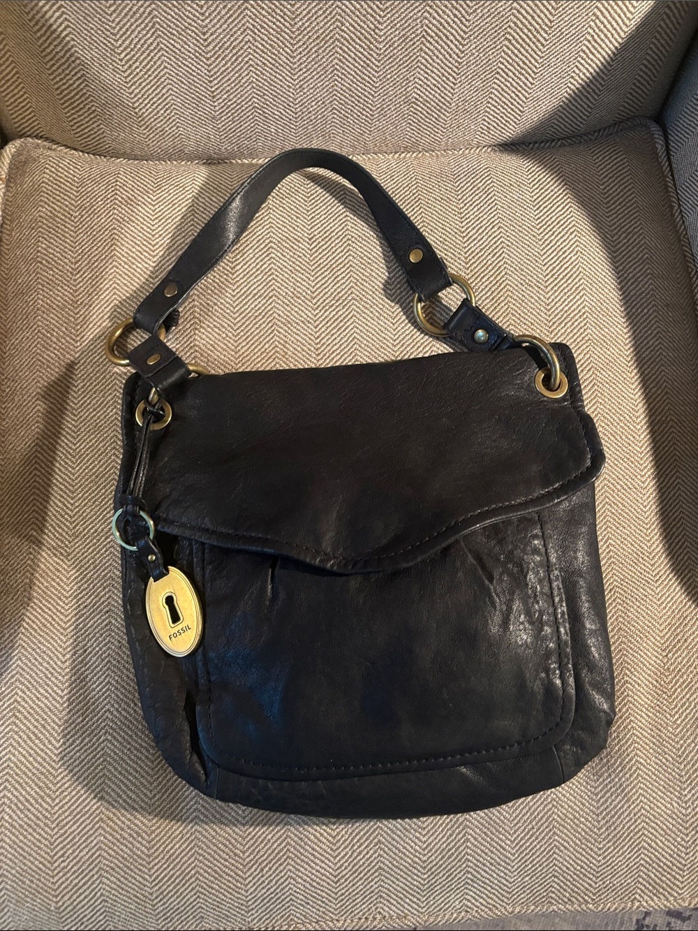 Fossil Long Live Vintage Black Leather Flap Shoulder Bag with Gold Hardware